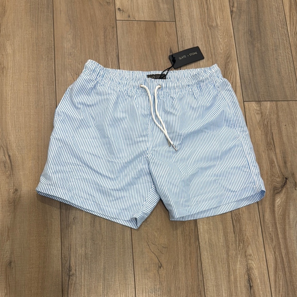 Slate & Stone Blue and White Striped Swim Trunks